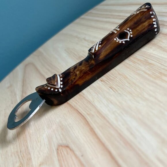 Vintage Carved Tribal Mask Face Bottle Opener Natural Handle & Metal Cap Remover - Picture 10 of 13